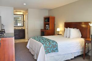 a hotel room with a bed and a bathroom at Bell & Main Alamosa Studio Suite-Walking distance to downtown in Alamosa