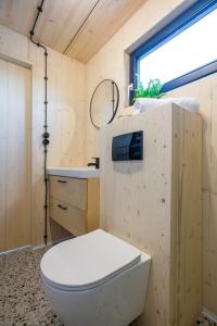 a bathroom with a toilet and a sink and a mirror at Domy wypoczynkowe w Beskidach - Odpoczywaj w Naturze in Laskowa