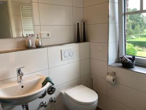 uma casa de banho com um lavatório, um WC e uma janela. em Ferienwohnung Heeser Birkenhof - Urlaub auf dem Bauernhof mit Blick ins Grüne em Weeze
