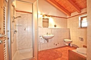 a bathroom with a shower and a sink and a toilet at Ferienwohnungen Wanderparadies Bauernhof in Aschau im Chiemgau