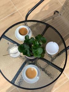a glass table with three cups of coffee and a plant at Casa Ella in 2 Mai