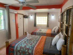 a bedroom with two beds and a ceiling fan at All Seasons Belize in Hopkins