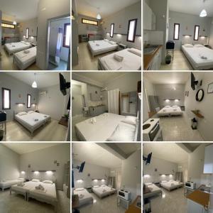 a group of four pictures of a room with beds at George Apartments Stoupa in Stoupa