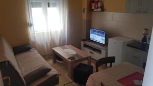 een kleine woonkamer met een bank en een televisie bij Apartment Lidija in Herceg-Novi