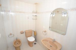 uma casa de banho com um WC, um lavatório e um espelho. em MADEIRA Orangecosta 1 dormitorio em Benicàssim