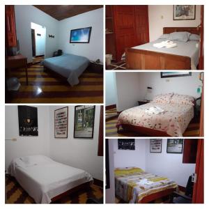 Hostal La Comedia في خاردين: اربع صور لغرفة نوم بسريرين وطاولة