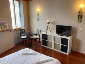 1 dormitorio con 1 cama, TV y mesa en La patte d'oie, en Rieumes