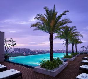 una piscina con palmeras en la parte superior de un edificio en Taj City Centre New Town, Kolkata, en Calcuta