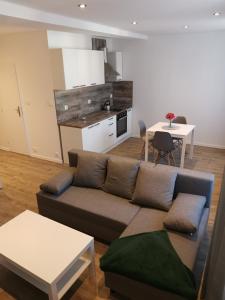 a living room with a couch and a kitchen at Sky Thermal Apartment in Karlovy Vary