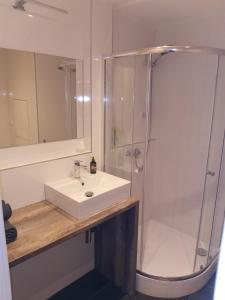 a white bathroom with a sink and a shower at Sky Thermal Apartment in Karlovy Vary