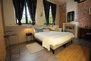 a bedroom with a large bed in a room with windows at Château de Ruesnes in Ruesnes