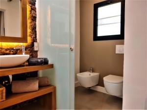 a bathroom with a toilet and a sink and a mirror at Villa Shepherd Lajares - LUXURY VILLA FUERTEVENTURA in Lajares