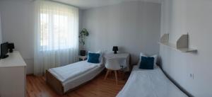 a room with a bed and a table with a chair at Pokoje Gościnne Alpinka in Ustka