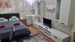 1 dormitorio con 1 cama, TV y espejo en Csillag Apartman, en Kisvárda