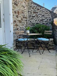 a table and chairs with a plant on a patio at Gites La Ville Pain in Cancale