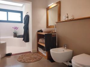 a bathroom with a sink and a toilet and a mirror at Villa Shepherd Lajares - LUXURY VILLA FUERTEVENTURA in Lajares