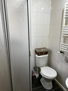 baño con aseo y puerta de ducha de cristal en Casa Alojamiento, en Punta Arenas