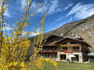 uno chalet in montagna con un albero di Hotel L'Artisin a Limone Piemonte