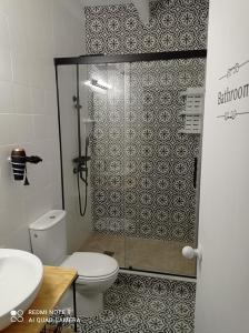 a bathroom with a shower with a toilet and a sink at Alojamiento Rural "El Charco del Sultan" in Conil de la Frontera