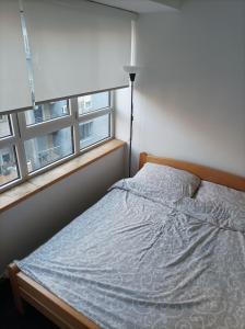 a bed in a room with two windows at Apartments REST - Bulevar in Novi Sad
