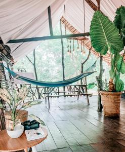 una habitación con plantas y una hamaca en una tienda de campaña en Camp Leopard - Yala Safari Glamping en Yala