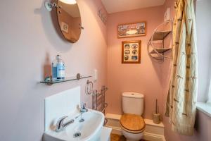 a small bathroom with a sink and a toilet at Amber Cottage in Holker +9 photos