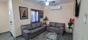 sala de estar con 2 sofás y ventilador de techo en super condo with fiber optic internet, en Puerto Peñasco