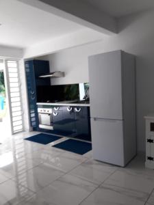 La cuisine est équipée de placards bleus et d'un réfrigérateur blanc. dans l'établissement JONA APT, au Lamentin