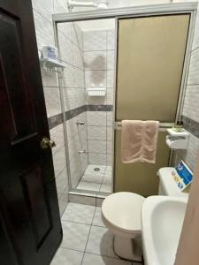 a bathroom with a shower and a toilet and a sink at Puntarenas, Apartamento a 25 metros del mar, cerca del hospital in Puntarenas