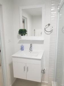 ein weißes Bad mit einem Waschbecken und einer Dusche in der Unterkunft Home San Juan in San Juan
