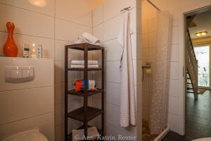 a bathroom with a shower and a toilet and towels at Lietzow Appartementhaus Möwe Haus Möwe - Ferienwohnung 4 "Silbermöwe" in Lietzow +19 photos