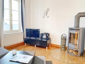 uma sala de estar com televisão e lareira em Sassnitz - Seaside Appartements Seaside Appartements, "Grey" em Sassnitz