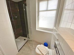 a bathroom with a shower and a toilet and a sink at Appartements am Rondell Neddesitz, Appartement 307 in Neddesitz