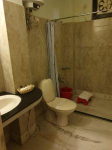 een badkamer met een toilet, een wastafel en een douche bij Hotel Corbett Kingdom in Rāmnagar