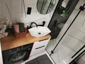 a bathroom with a sink and a washing machine at Apartament przy Bursztynowym Stadionie in Gdańsk