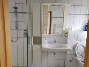 a white bathroom with a sink and a shower at Wei Wei's Hostel in Ehenbichl