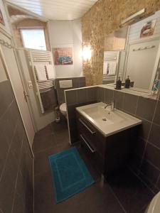 a bathroom with a sink and a toilet and a mirror at Maison de caractère au cœur de la cité médiévale de Gourdon in Gourdon-en-quercy +13 photos