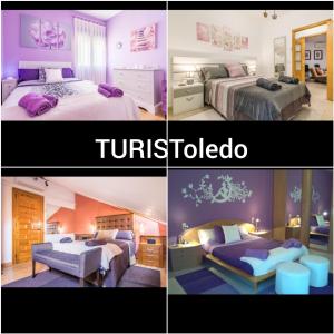 eine Collage mit drei Bildern eines Schlafzimmers in der Unterkunft APARTAMENTOS TURISTICOS TURISToledo in Toledo