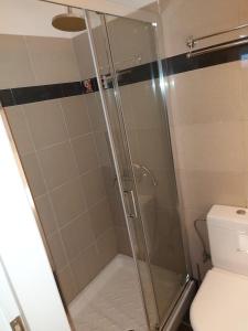 a shower with a glass door next to a toilet at Arman Group Basement Loft in Athens