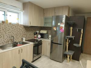 a kitchen with a stainless steel refrigerator and a sink at Arman Group Basement Loft in Athens