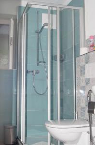 a bathroom with a shower and a sink at Das kleine Paradies in Unken