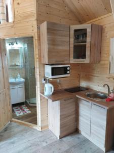 a small kitchen with a sink and a microwave at Na polance dwa domki in Chłopy +2 photos