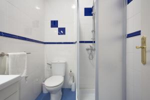 y baño blanco con aseo y ducha. en Apartamentos Tejares de Triana 16B, en Sevilla