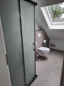 a bathroom with a toilet and a glass shower door at Ferienwohnung Apartment - Free Parking - WiFi - Kitchen in Essen