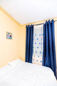 a bedroom with a bed and a blue curtain at Repose Stay - Karen, 2 Bedroom, WiFi,Parking, CCTV in Nairobi