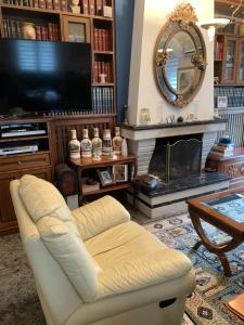 a living room with a couch and a tv and a fireplace at Holidays Pelion Katerina s house in Almiros