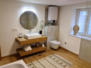 a bathroom with a sink and a mirror and a toilet at Apartments GB in Mostar