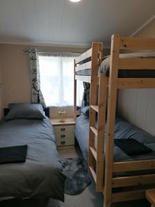 a bedroom with two bunk beds and a ladder at STUNNING, PEACEFUL LODGE on edge of New Forest and 800m from sea ENTERTAINMENT and LEISURE PASSES INCLUDED in Milford on Sea +37 photos