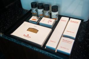 a table with several boxes of products on it at Ramada by Wyndham Gangtok Hotel & Casino Golden in Gangtok