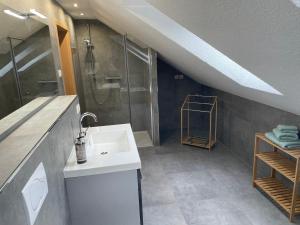 een badkamer met een witte wastafel en een douche bij Ferienwohnung Klitzschen Nähe Torgau in Mockrehna